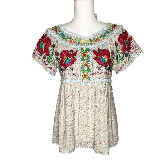 Ivy Jane Tops - Ivy Jane Floral Baby Doll Blouse Top Mexican Style Floral Embroidery Small